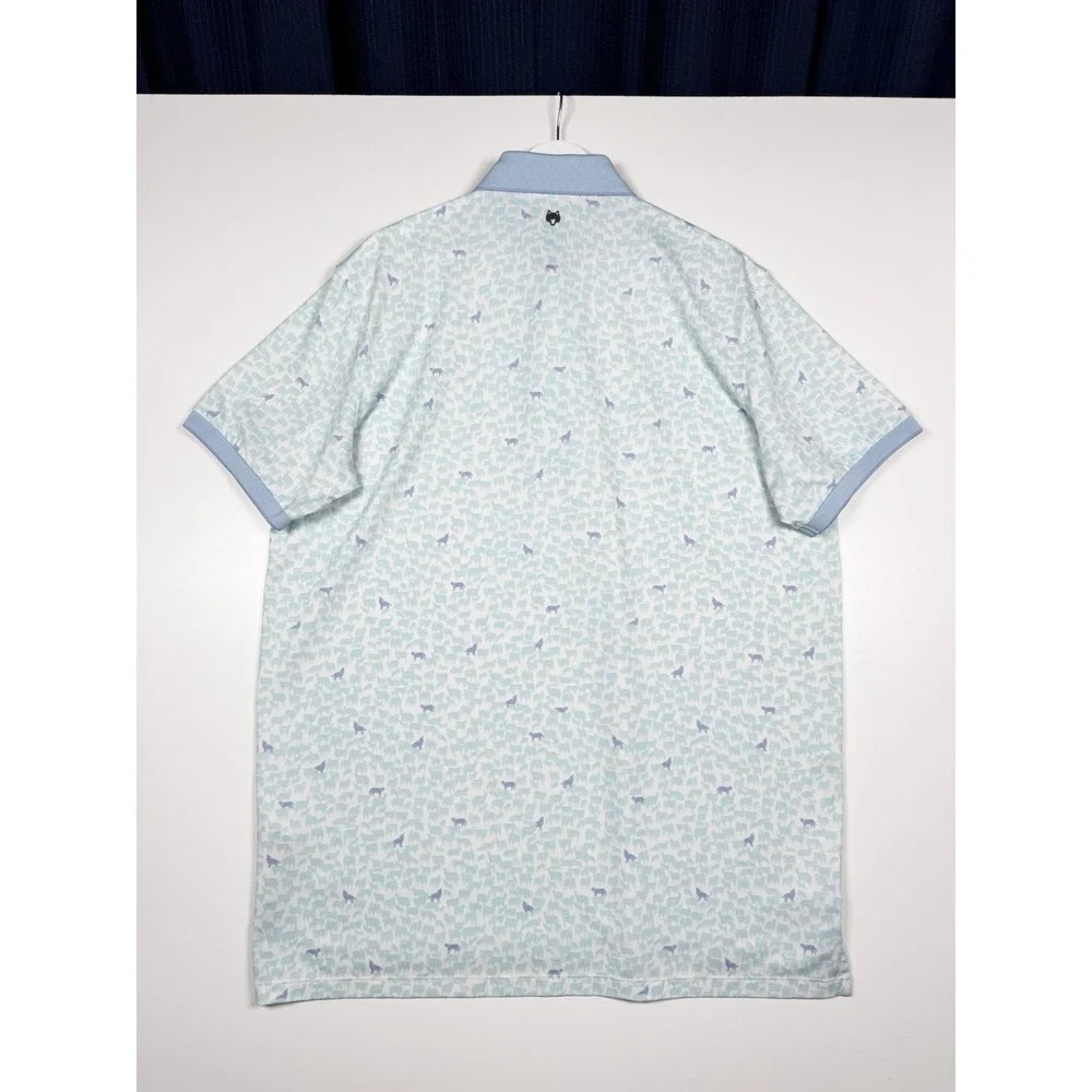 Greyson Mens Large Light Blue White Wolf Pattern Golf Polo Friar's Head New York